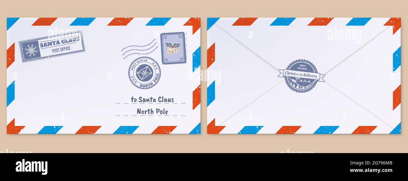 Weihnachtsmann Brief. Weihnachtsfeiertage Wunschzettel Brief, Mailing-Umschlag mit Postmarken und Briefmarken Vektor-Illustration-Set. Weihnachtsmann-Post Stock Vektor