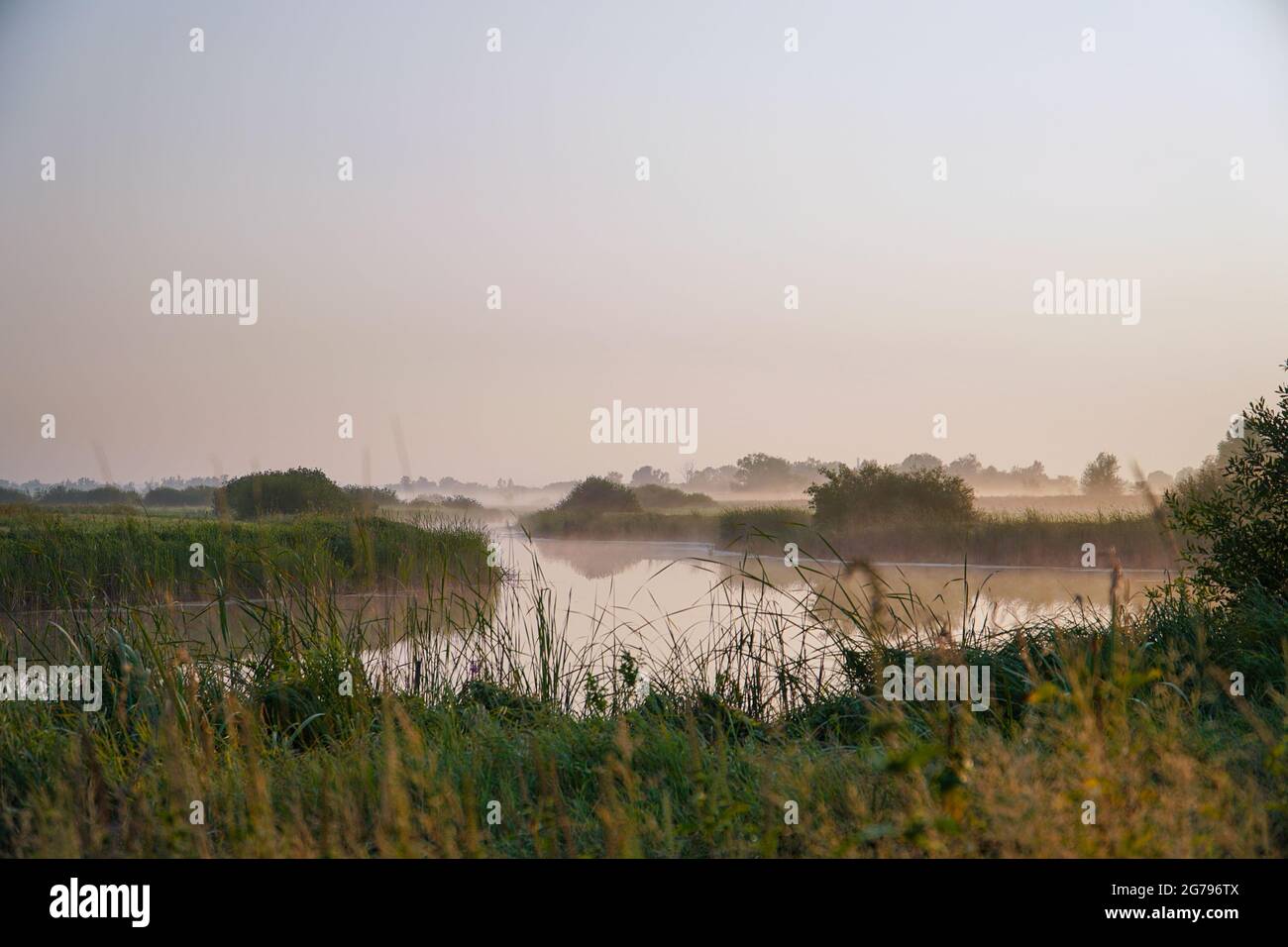 Sonnenaufgang im Nebel auf einem kleinen Fluss. Selektiver Fokus Stockfoto