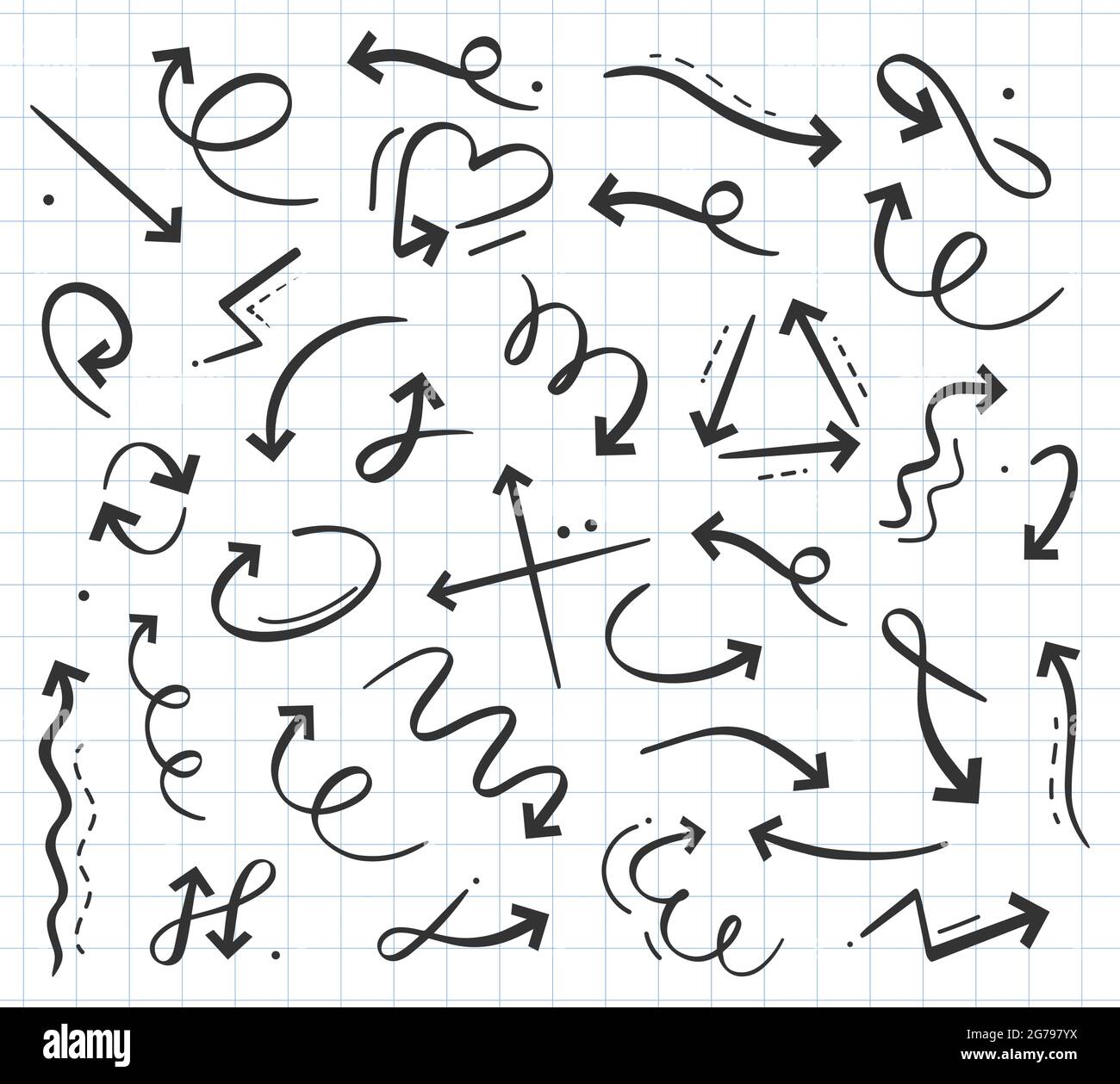 Handgezeichnetes Doodle-Pfeil-Symbol in verschiedenen Richtungen eingestellt. Curly Cursors, Zeiger nach oben, unten, links, rechts Stock Vektor