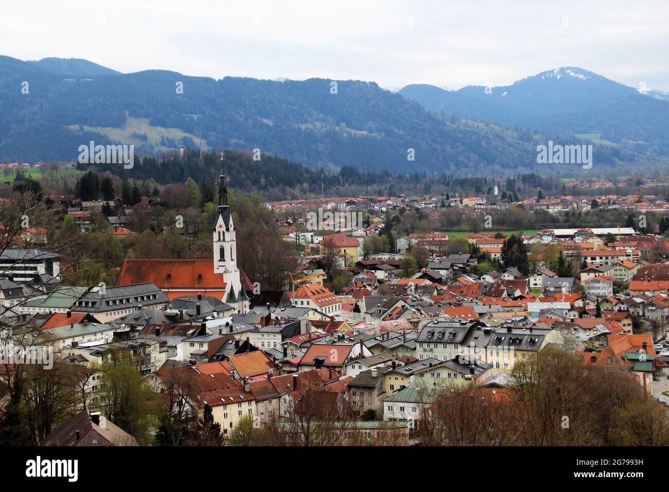 Blick auf Bad Tölz von Kalvarienberg, Oberbayern, Bayern, Deutschland, Europa Stockfoto