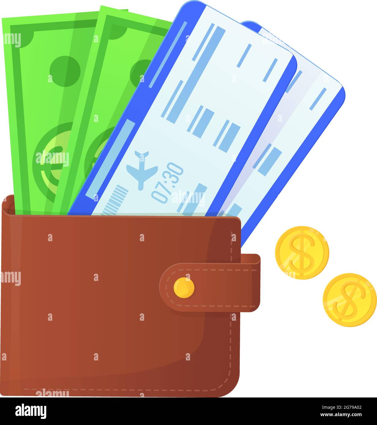 Chekin-Symbol des Reiseflugzeugs. Geldbörse mit Dollars und Münzen und Flugtickets. Geschäftsreisekonzept, Urlaub, Währung, Tourismus, Reise. Illustration Stock Vektor