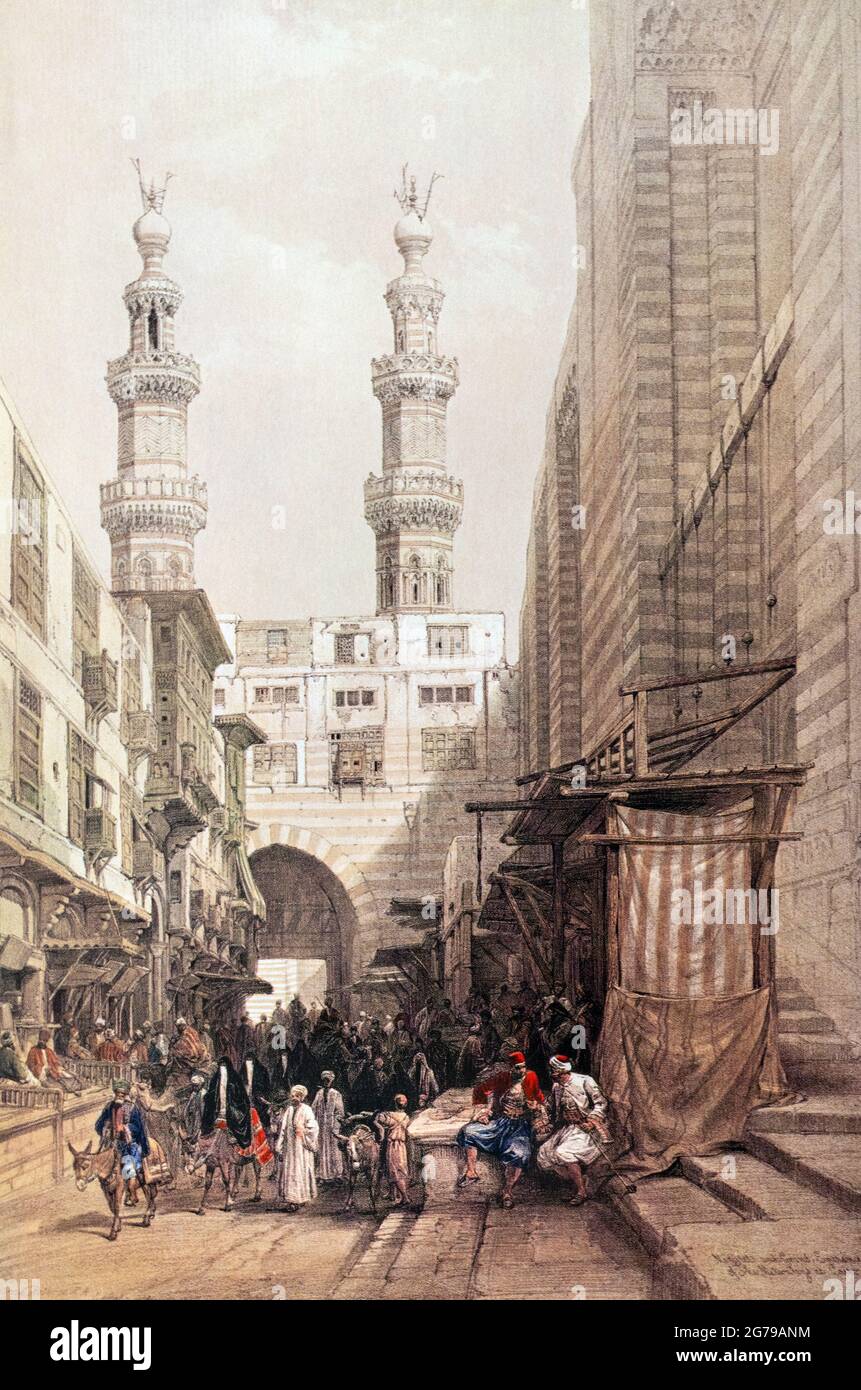 Die Minarette des Bab Zuweylei und Eingang zur Moschee des Metwalis, Kairo, Ägypten. Von dem schottischen Künstler David Roberts, 1796 - 1864. Roberts schuf dieses Werk nach seinen Reisen durch den Nahen Osten in den Jahren 1838-1839. Stockfoto