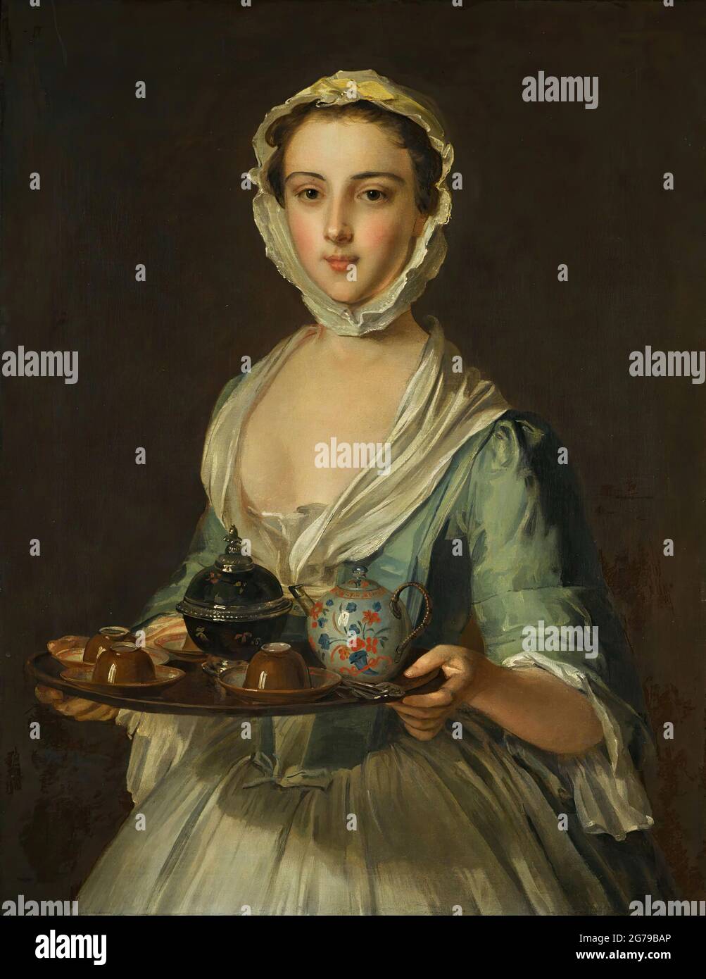 Eine junge Frau, die ein Tablett mit Tee hält (möglicherweise Hannah, die Magd des Künstlers). Museum: PRIVATE SAMMLUNG. Autor: PHILIPPE MERCIER. Stockfoto