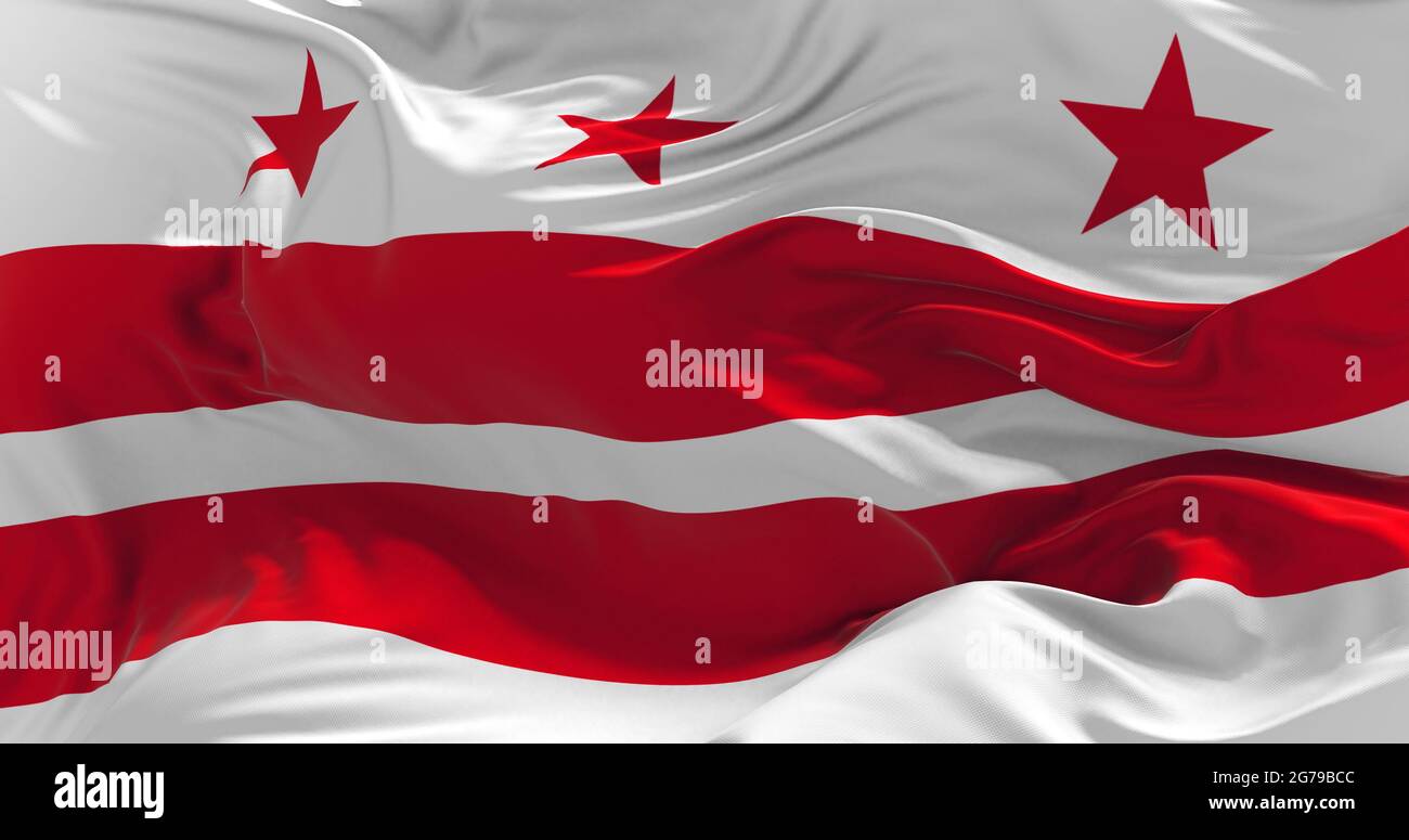 Flagge des Distrikts von Columbia winkt im Wind. Patriotisches Konzept über den Staat. 3d-Illustration. Stockfoto