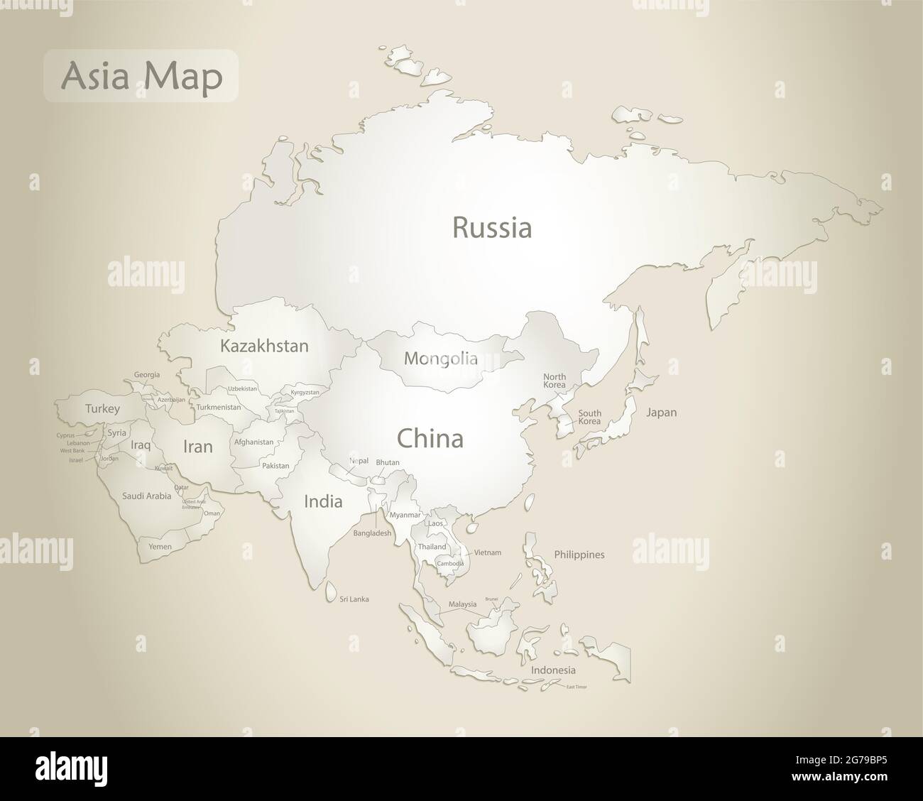 Asien-Karte, separate Zustände mit Namen, alter Papierhintergrund-Vektor Stock Vektor