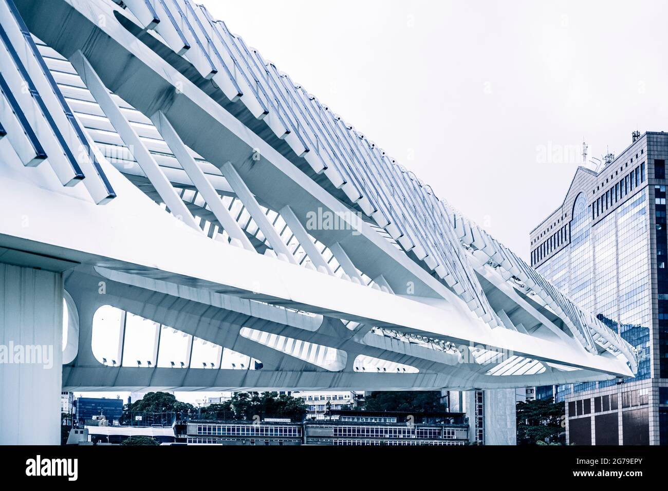 Blick auf das Museum von Morgen (Museu do Amanhã£), entworfen vom spanischen Architekten Santiago Calatrava und am Pier von Praça Mauá, Rio de Janeiro, Brasilien. Ein Punkt auf der Marathonroute für die Olympischen Spiele 2016 Stockfoto
