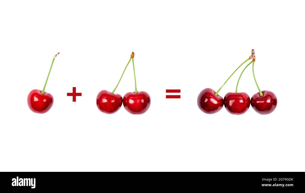 Eine Kirsche plus zwei Kirschen entspricht drei Kirschen. Mathe-Banner Stockfoto