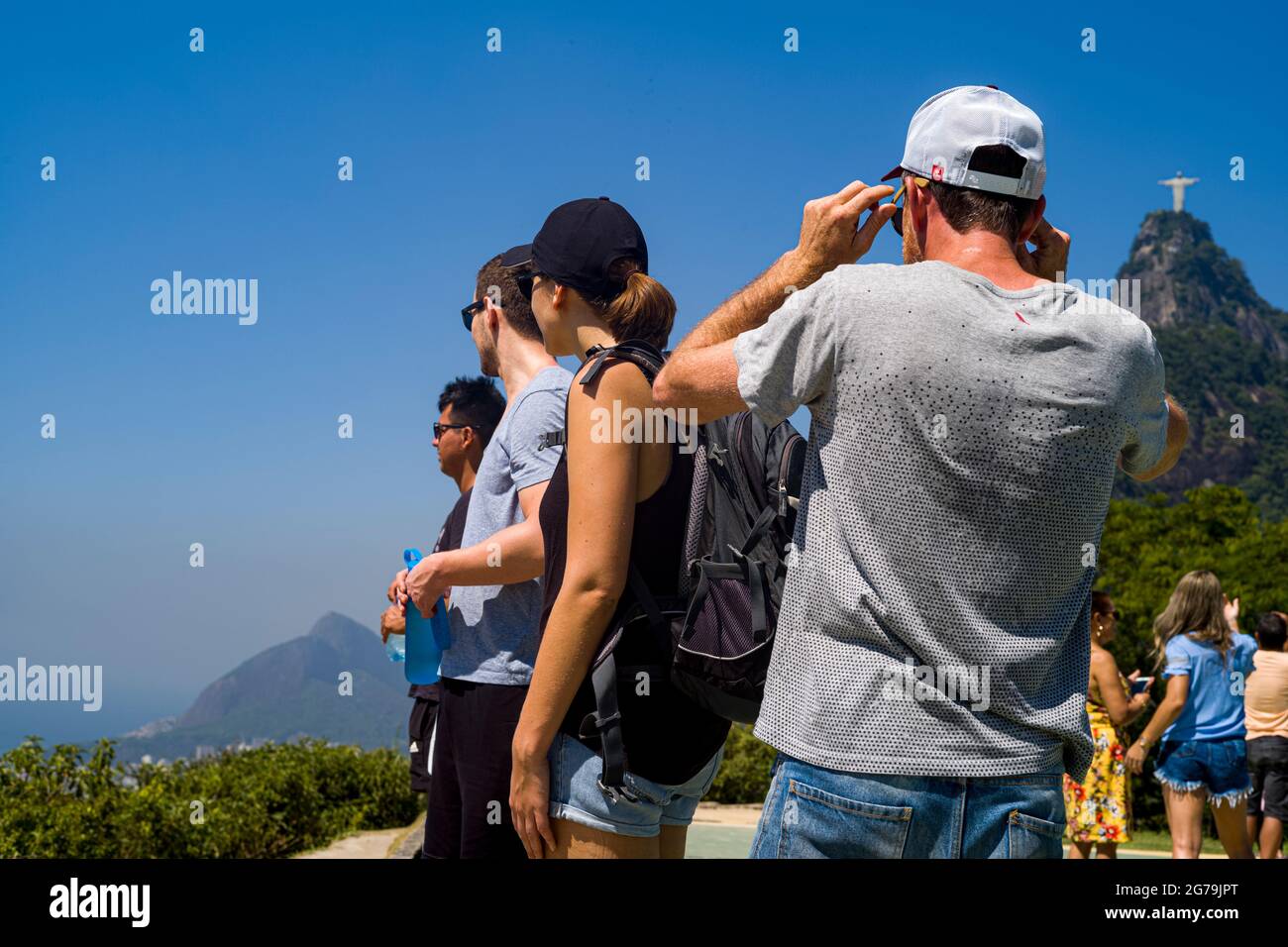 Corcovado Berg und Christus Statue von (Heliport) Mirante Dona Marta im Tijuca Nationalpark, Rio de Janeiro, Brasilien Stockfoto