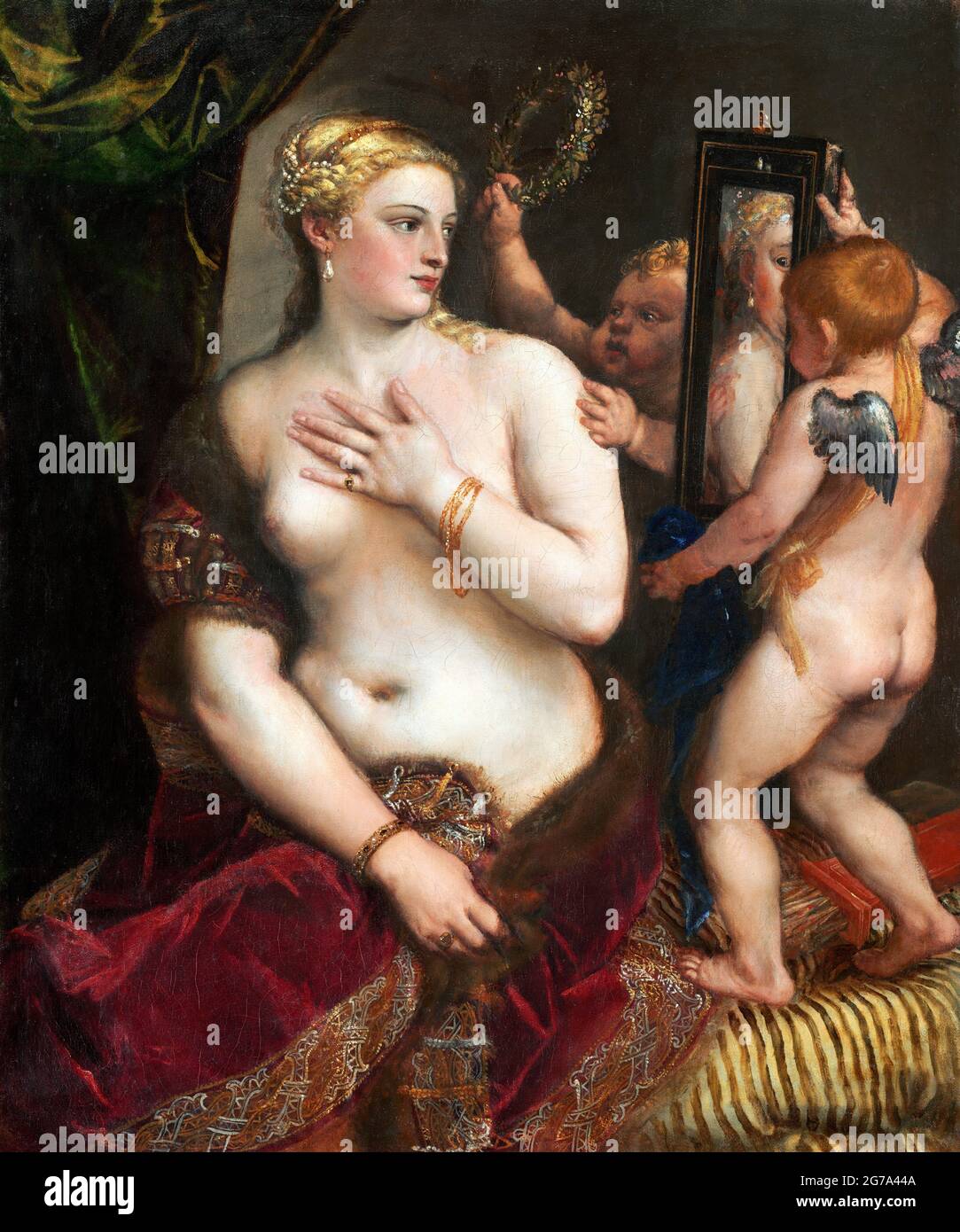 Tizian. Venus mit Spiegel von Tiziano Vecellio (1490-1576), Öl auf Leinwand, c. 1555 Stockfoto