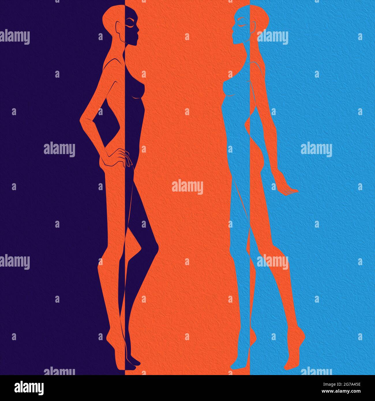 Abstrakt von zwei eleganten weiblichen Körpern, gespalten in negativen und positiven Raum, farbenfroher konzeptueller Ausdruck Stockfoto