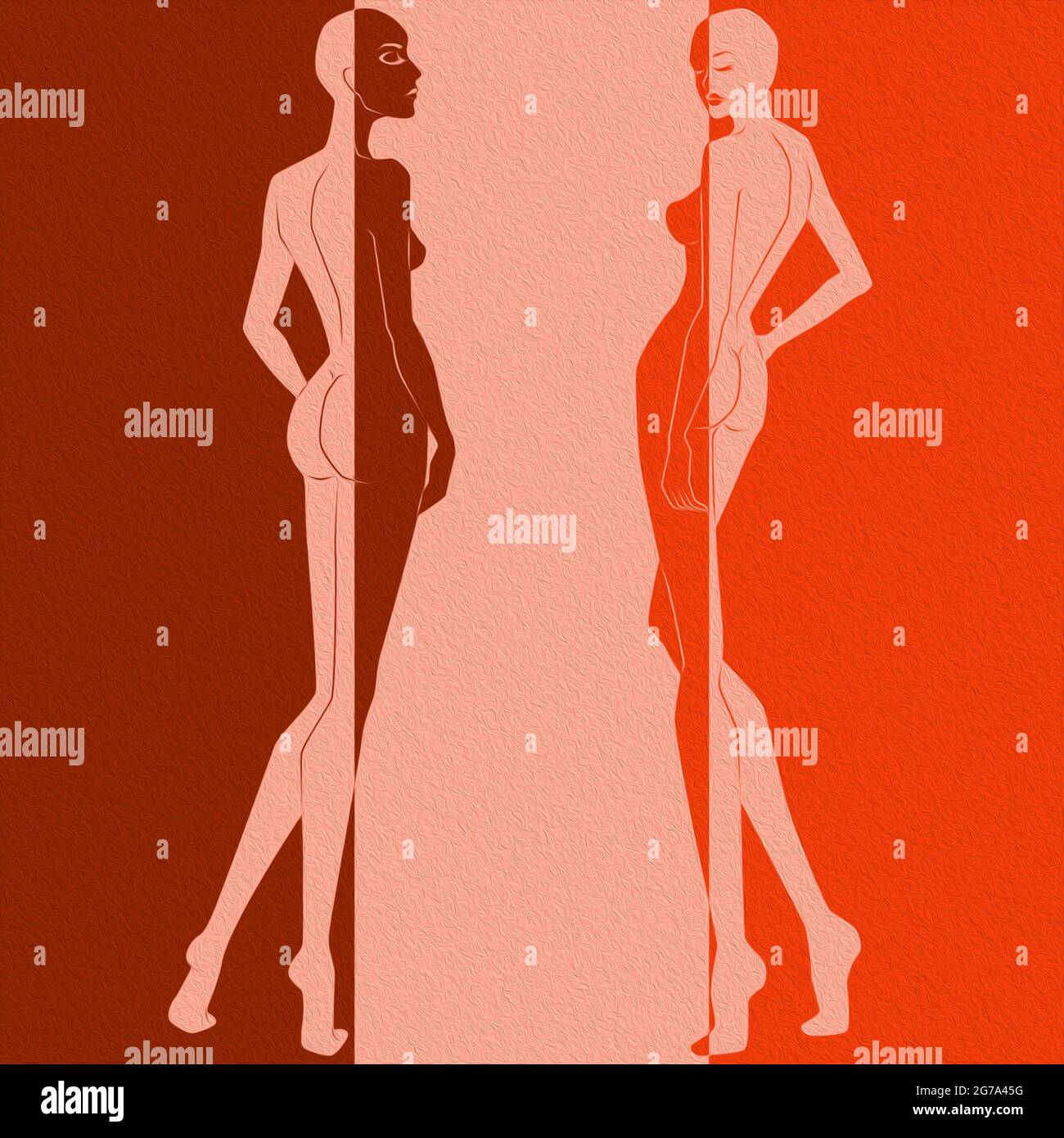 Abstract von zwei eleganten Frau gespalten in negativen und positiven Raum, bunten konzeptionellen Ausdruck Stockfoto