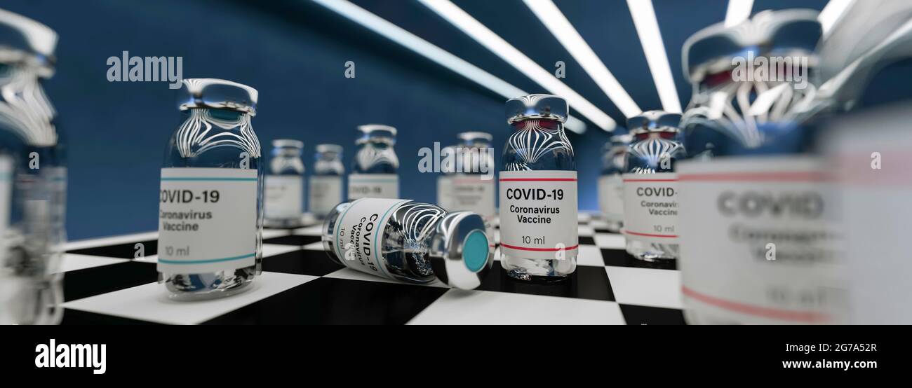 Zwei verschiedene Covid-19 Impfstoffe auf einem konzeptionellen Schachbrett 3d Render Stockfoto
