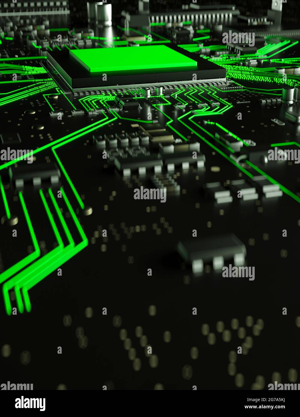 Konzeptionelle Nahaufnahme der grünen Leiterplatte mit sicherem 3D-Rendering von Systemdaten Stockfoto