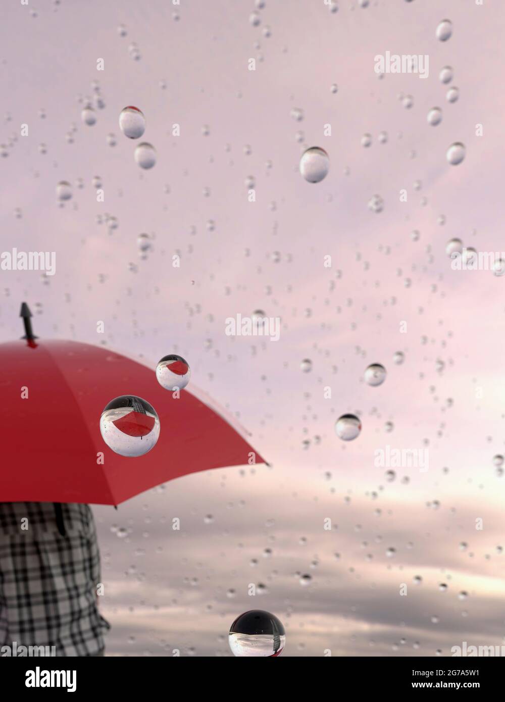 Frau spiegelt sich in Regentropfen mit rotem Regenschirm an einem regnerischen Tag 3d-Rendering Stockfoto