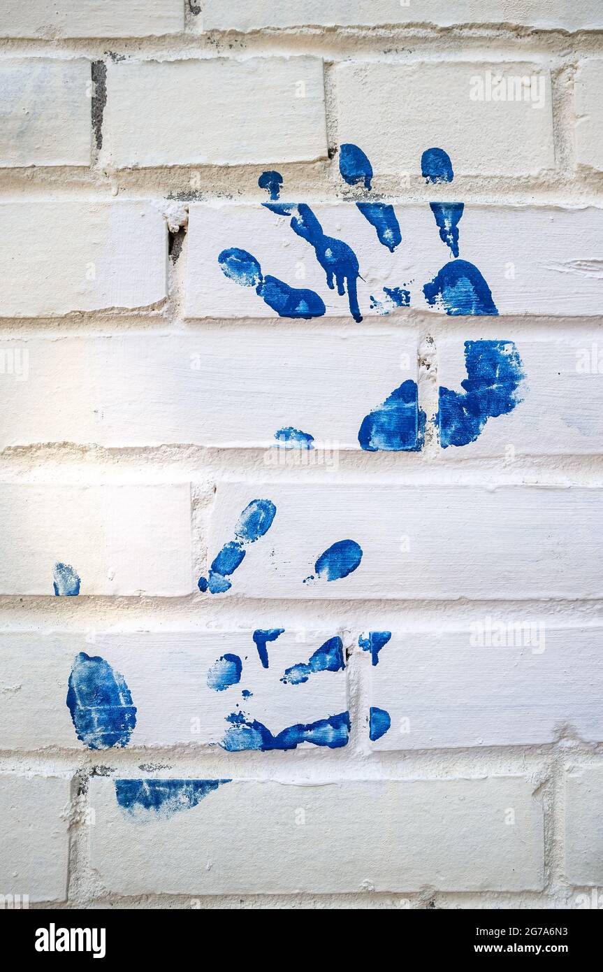 Der Aufdruck besteht aus zwei Händen in blauer Farbe auf einer weißen Ziegelwand. Tolle Idee. Abstrakter Hintergrund. Stockfoto