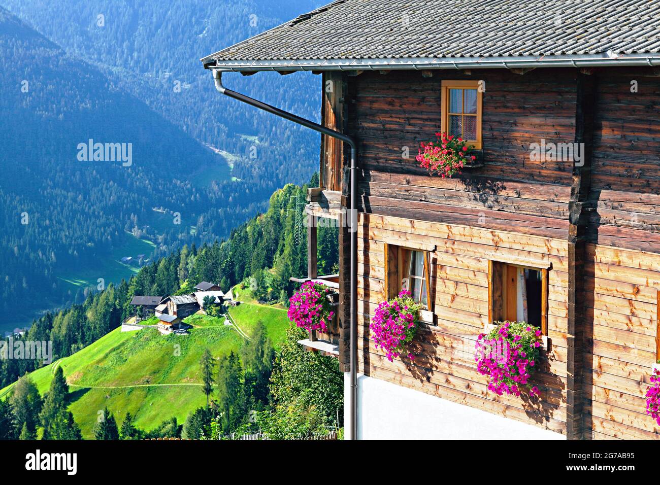 Im steilen Südtiroler Ultental reicht der Blick hinunter auf den benachbarten Bauernhof Stockfoto