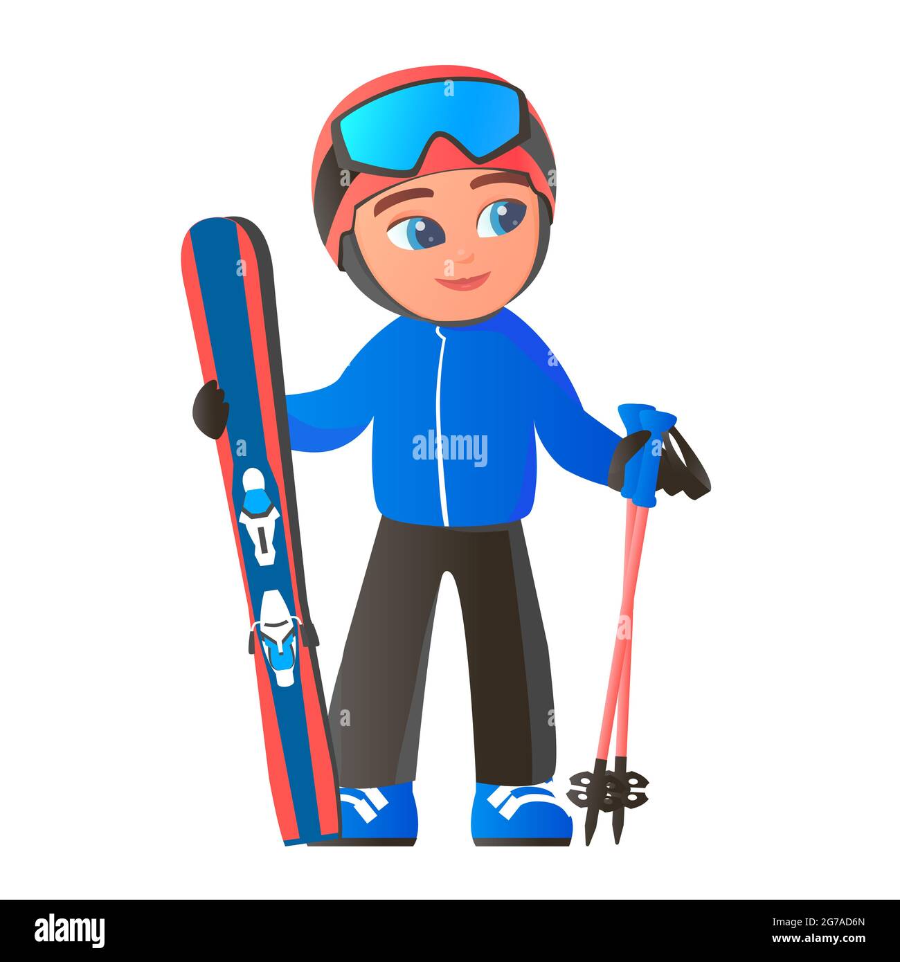 Niedlicher Junge im Trainingsanzug eines Skifahrers. Auf dem Kopf befinden sich ein Helm und eine Maske, in den Händen von Skiern und Stöcken. Erholen Sie sich in einem Bergresort. Cartoon-Isol Stockfoto