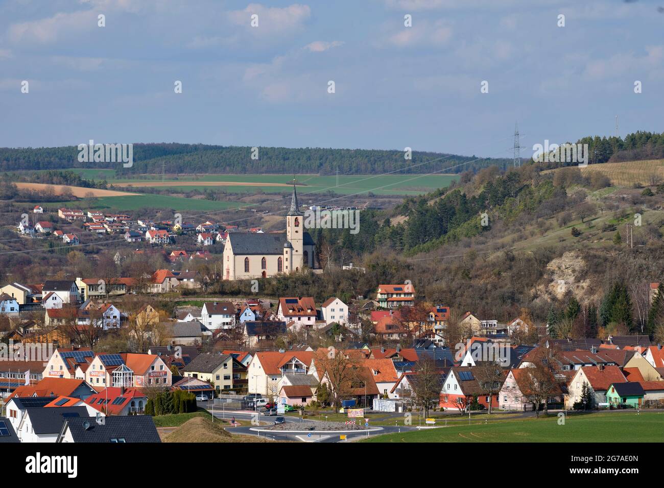 Blick auf das Weindorf Eußenheim, Bezirk Main-Spessart, Unterfranken, Franken, Bayern, Deutschland Stockfoto