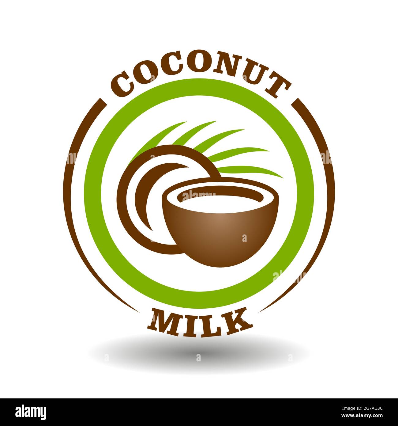 Einfaches Kreislogo Kokosmilch mit runder, halbgeschnittener Nussschale und grünem Palmblatt-Symbol zur Kennzeichnung enthält natürliches Bio-Kokosnuss-oi Stock Vektor