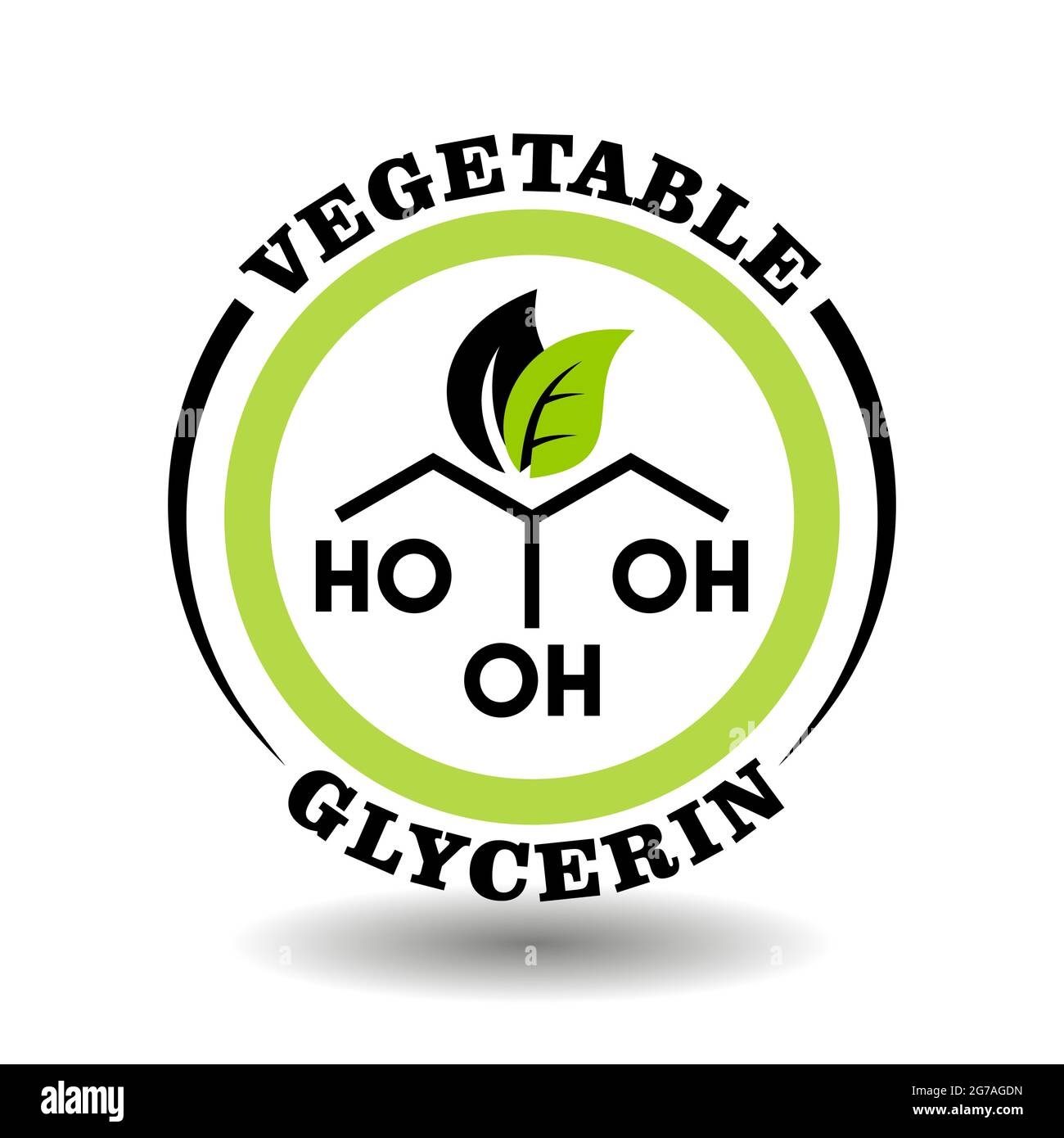 Kreative runde Ikone pflanzliches Glycerin mit chemischer Formel Zeichen und grünen Blättern Symbol für Bio-Lebensmittel-Logo, Naturkosmetik Piktogramm, medizinisch Stock Vektor