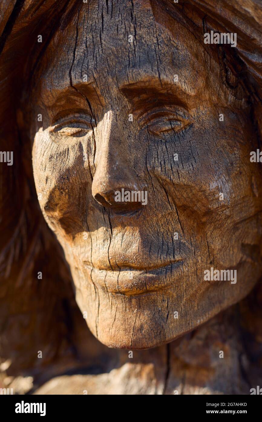 Europa, Dänemark, Nordjütland. Die alte Galionsfigur im Hafen von Ã…lbæk. Stockfoto