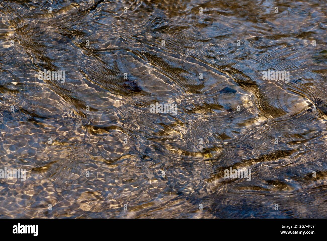 Welligkeit markiert in einem Strom mit Reflexionen des Sonnenlichts im Wasser. Stockfoto