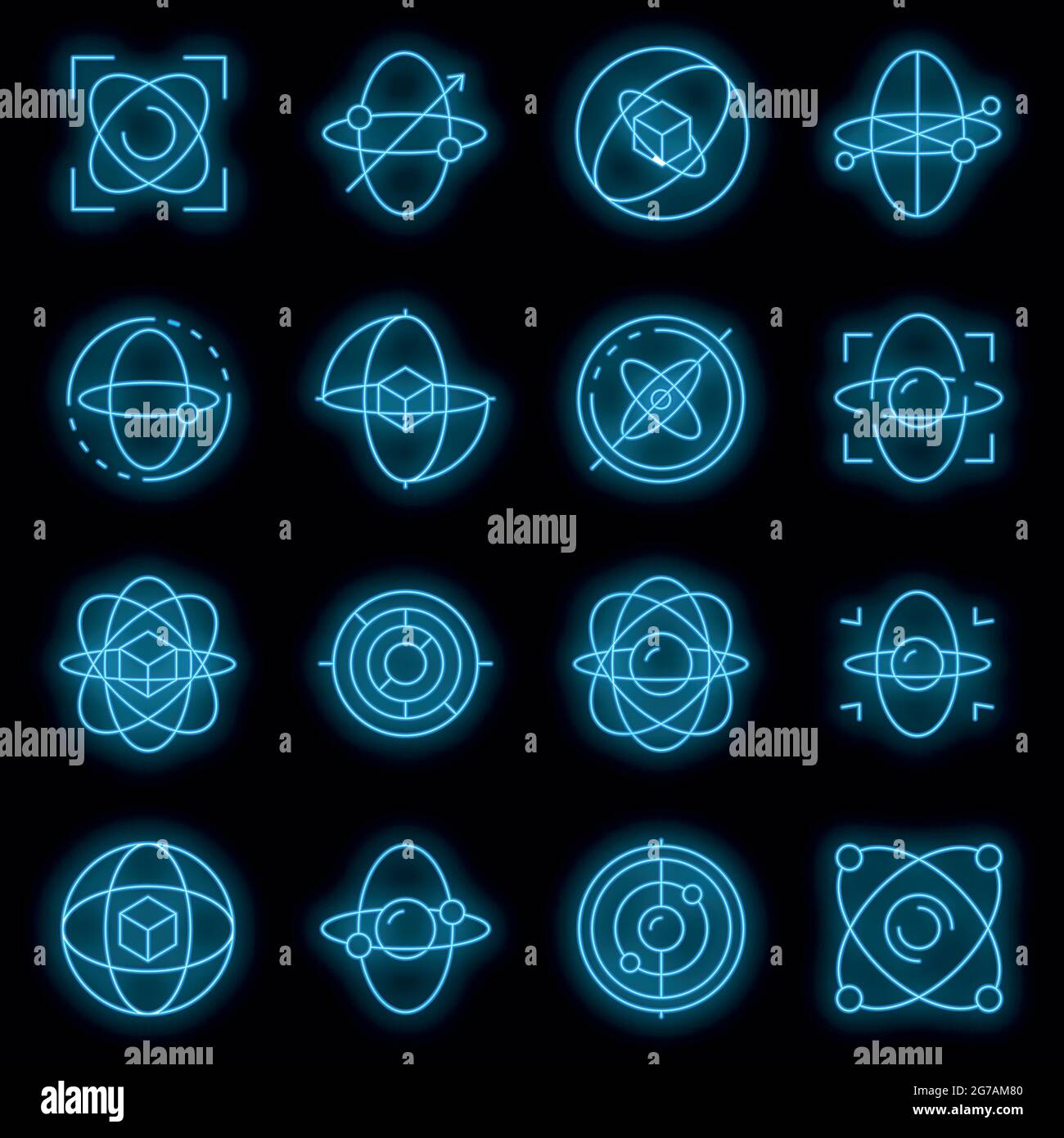 Gyroskop-Symbole eingestellt. Umreißen Satz von Kreisel Vektor-Symbole Neonfarbe auf schwarz Stock Vektor