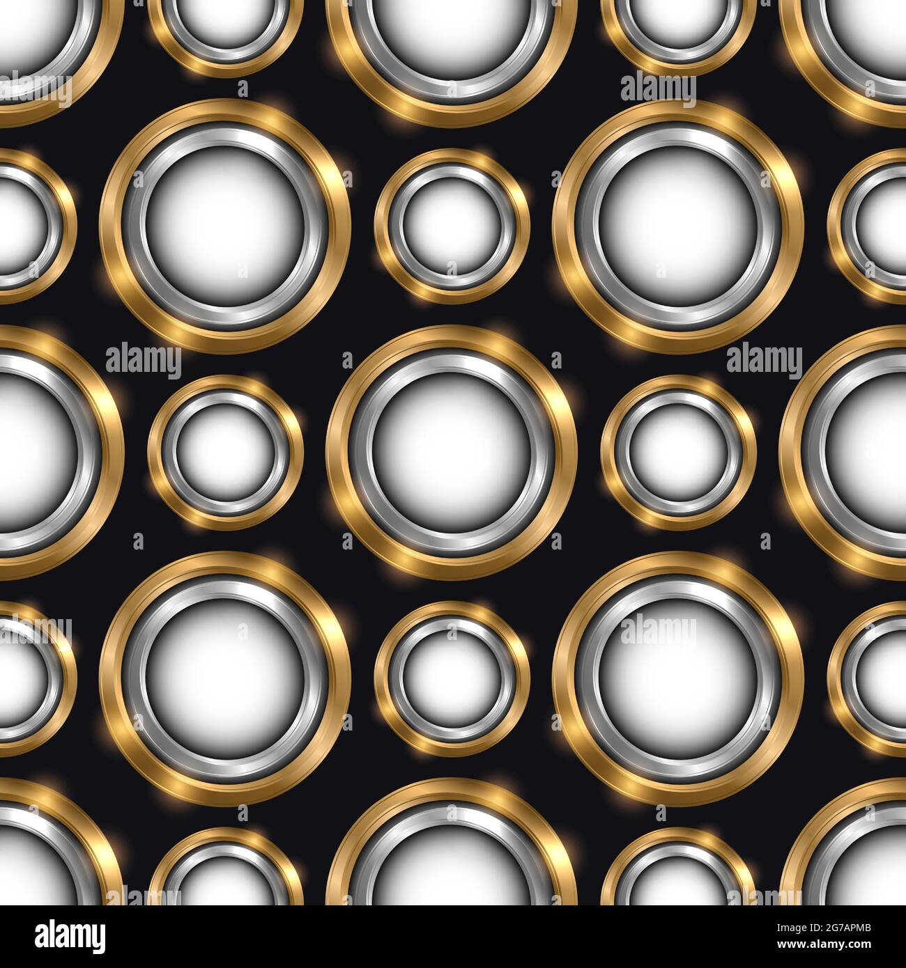 Luxus nahtlose Muster mit Schmuck Gold und Silber Kreise auf schwarzem Vektor-Hintergrund. Abstraktes geometrisches Kreismuster. Elegantes Silber Stock Vektor