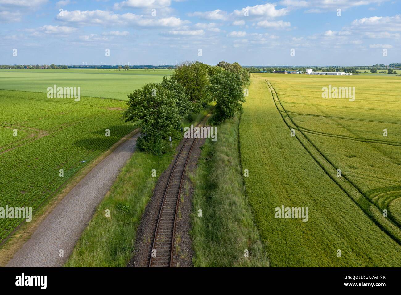 Deutschland, Sachsen-Anhalt, Wanzleben, alte Eisenbahnstrecke, frisch bepflanzte Felder, Magdeburg Börde Stockfoto