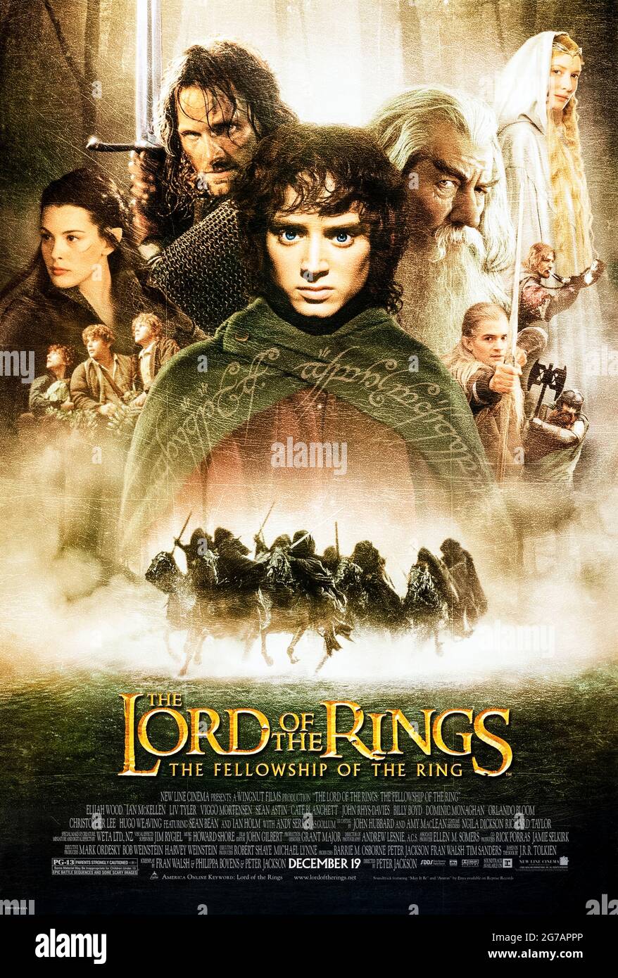 The Lord of the Rings: The Fellowship of the Ring (2001) von Peter Jackson mit Elijah Wood, Ian McKellen, Orlando Bloom und Sean Bean. Epische Adaption des Buches von J.R.R. Tolkien über eine Gruppe, die auf der Suche ist, einen gefährlichen Ring zu zerstören. Foto eines Original-Posters aus dem Jahr 2001 (USA) ***NUR FÜR REDAKTIONELLE ZWECKE***. Beschreibung: BFA / New Line Cinema Stockfoto