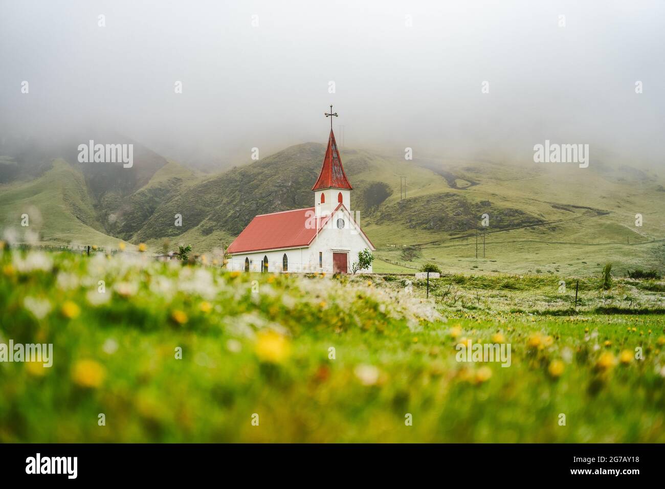 Typische ländliche isländische Kirche mit rotem Dach in der Region Vik. Island. Blütenblume und Laub im Vordergrund Stockfoto