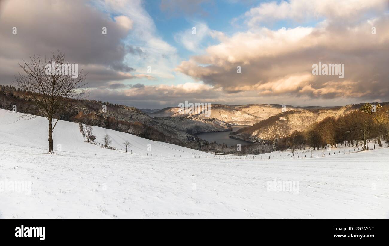 Blick auf den Rursee im Winter, schöne Aussicht Simmerath, Deutschland Stockfoto