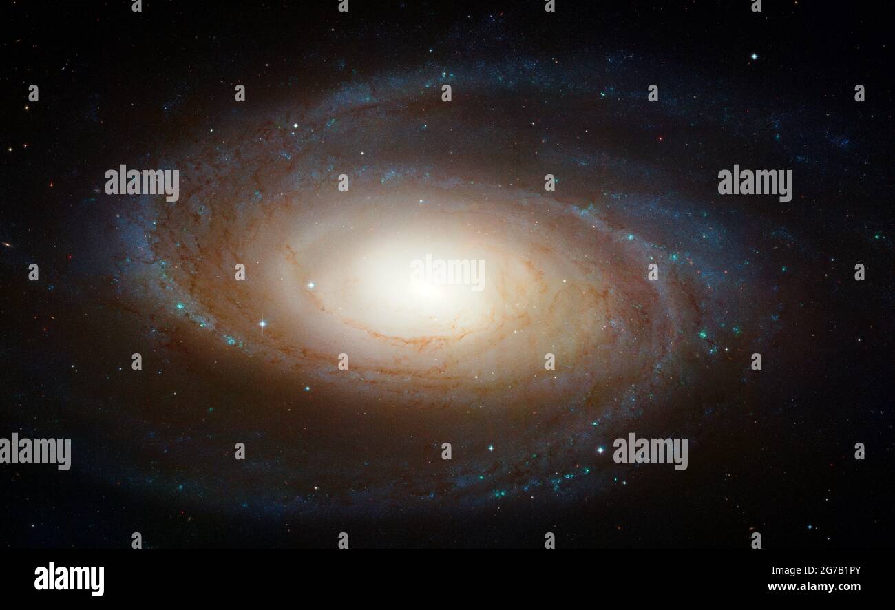 Messier 81 ist eine Spiralgalaxie mit großem Design und eine der hellsten Galaxien am Nachthimmel. Es liegt 11.6 Millionen Lichtjahre von der Erde entfernt. Die Spiralarme der Galaxie, die sich bis in ihren Kern hinabwinden, bestehen aus jungen, bläulichen, heißen Sternen, die in den letzten paar Millionen Jahren entstanden sind. Sie beherbergen auch eine Population von Sternen, die sich in einer Episode der Sternentstehung gebildet haben, die vor etwa 600 Millionen Jahren begann. Ultraviolettes Licht von heißen, jungen Sternen fluoresziert die umgebenden Wolken aus Wasserstoffgas. Eine einzigartige optimierte und verbesserte Version eines NASA-Bildes / Credit NASA Stockfoto