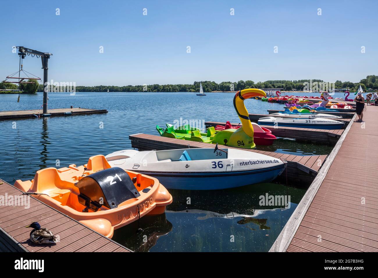 Deutschland, Düsseldorf, Rhein, Niederrhein, Bergisches Land, Rheinland, Nordrhein-Westfalen, Düsseldorf-Unterbach, Unterbacher See, Steinbruchteich, Bootsverleih, Tretboote, Freizeit, Vergnügen Stockfoto