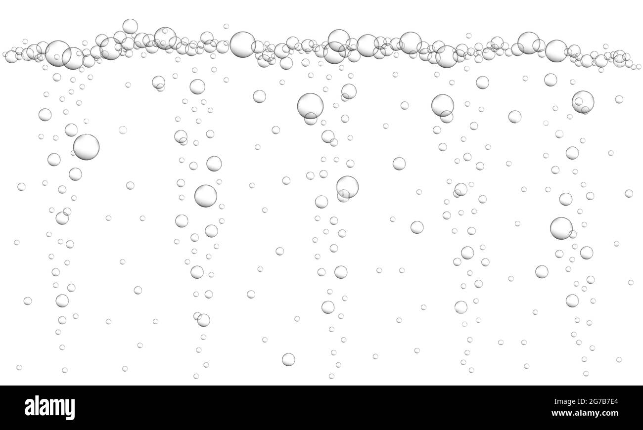 Kohlensäurehaltiges Getränk, kohlensäurehaltiges Wasser, Seltzer, Bier, Soda, Champagner- oder Schaumweintextur. Hintergrund der Sauerstoffblasen. Unterwasserströmung im Meer, Meer oder Aquarium. Vektor-realistische Darstellung. Stock Vektor