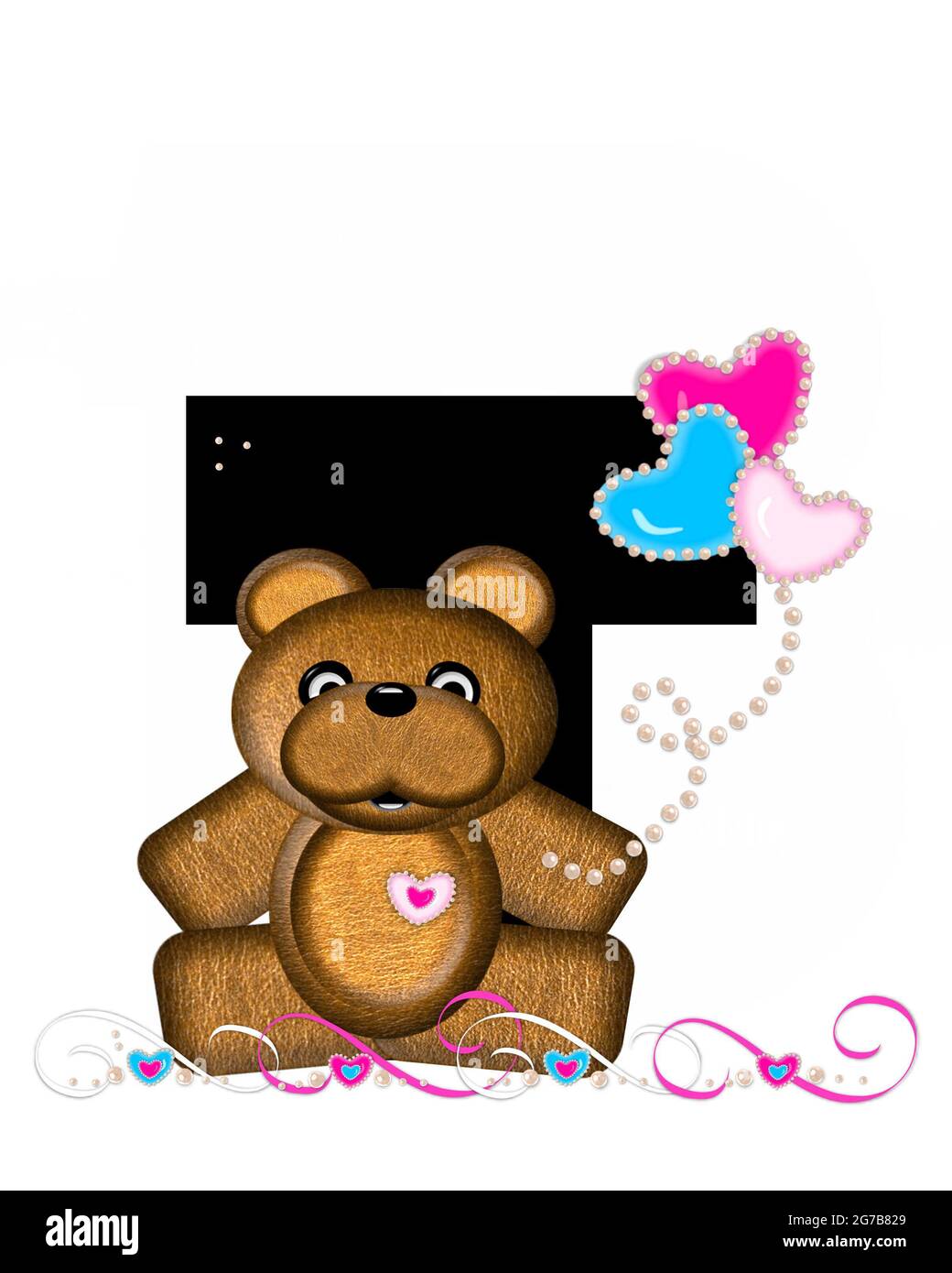 Der Buchstabe T im Alphabetsatz „Teddy Valentine's Cutie“ ist schwarz. Brauner Teddybär hält herzförmige Ballons in rosa und blau. Birnenkette Stockfoto