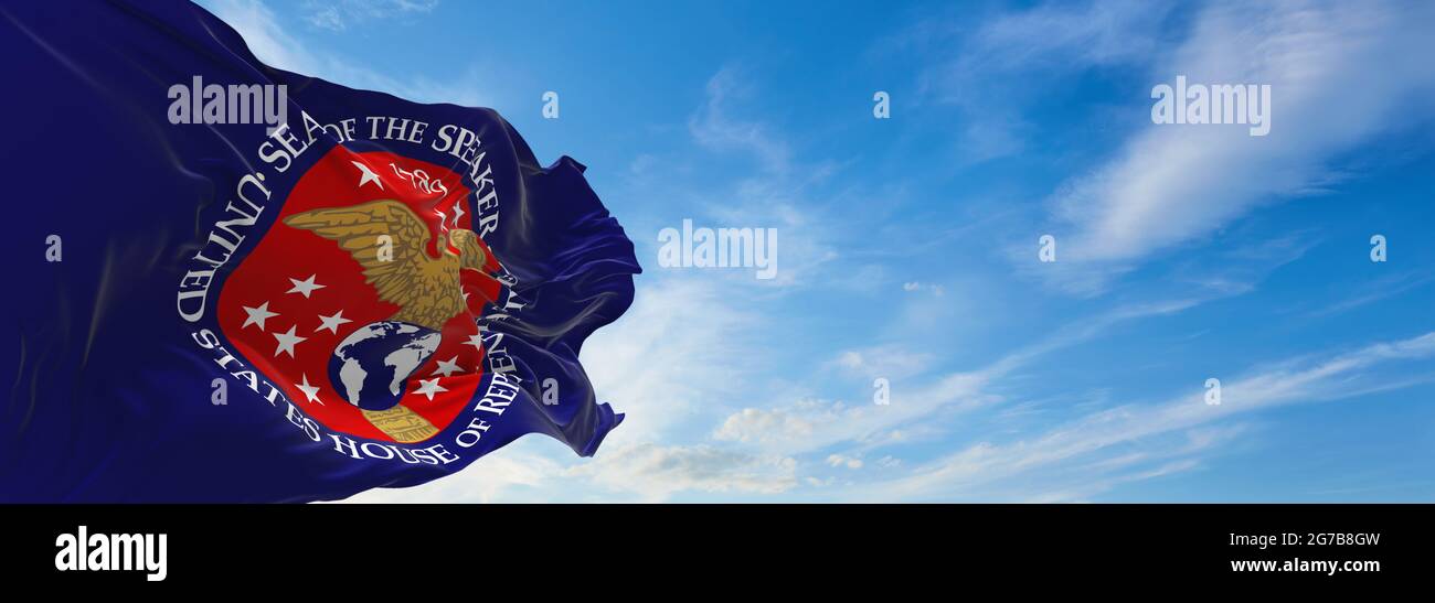 Minsk, Weißrussland - Mai, 2021: Flagge des Sprechers des Repräsentantenhauses der Vereinigten Staaten winkt im Wind. US-Abteilungen. Speicherplatz kopieren. 3d-Illustration Stockfoto