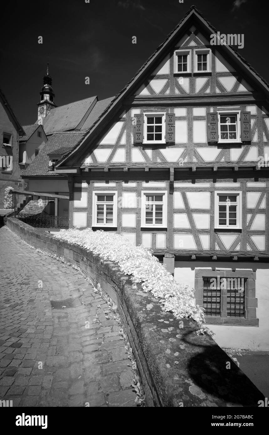 Infrarotbild, Ansicht von der Kirchenbrücke zur Nikolauskirche und zur Bürgermühle, Waiblingen, Baden-Württemberg, Deutschland Stockfoto