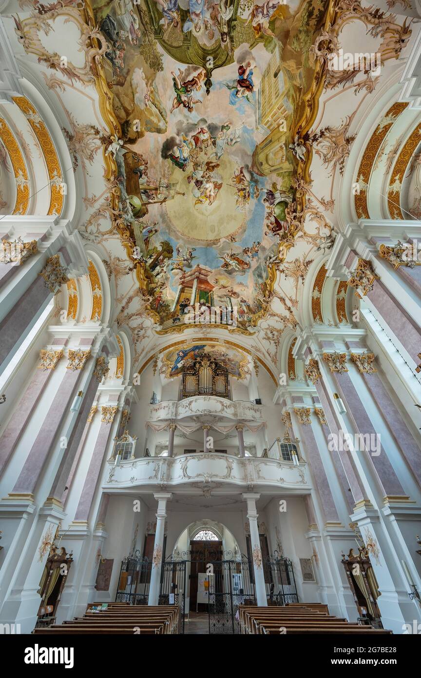 Orgelgalerie und Deckenfresken, Klosterkirche St. Margarethen, Kloster Baumburg, Altenmarkt, Oberbayern, Bayern, Deutschland Stockfoto