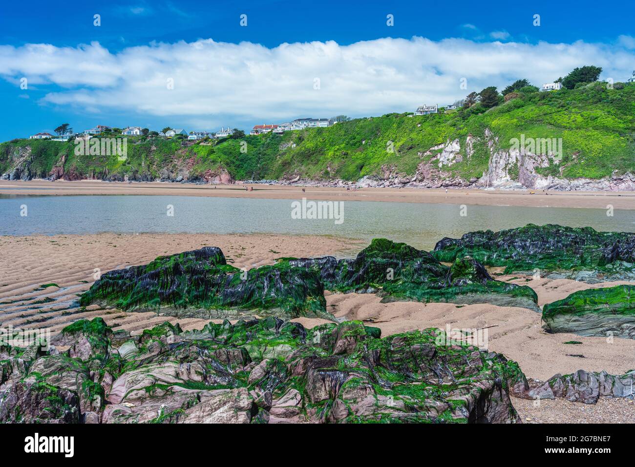 Klippen und Felsen am Bantham Beach, Kingsbridge, Devon, England Stockfoto