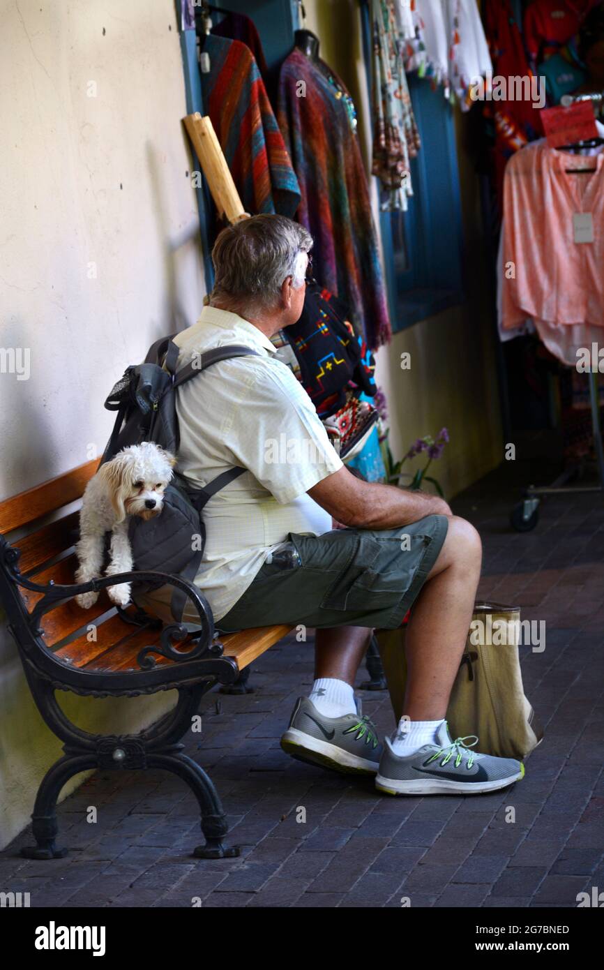 Ein Mann sitzt mit seinem Pudel auf einer Bank vor einem Bekleidungsgeschäft in Santa Fe, New Mexico, und wartet auf seine Frau, die drinnen einkaufen geht. Stockfoto
