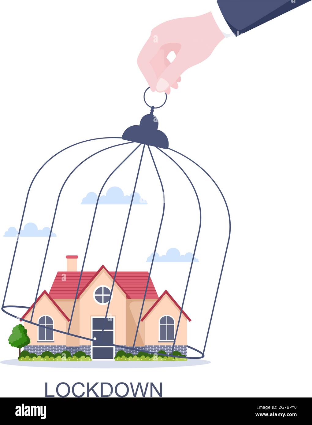 Lockdown zum Stoppen des COVID-19 Coronavirus mit Cage oder Virus Barrier Tape über der Stadt im Normalbetrieb. Abbildung Der Landing Page Im Hintergrund Stock Vektor