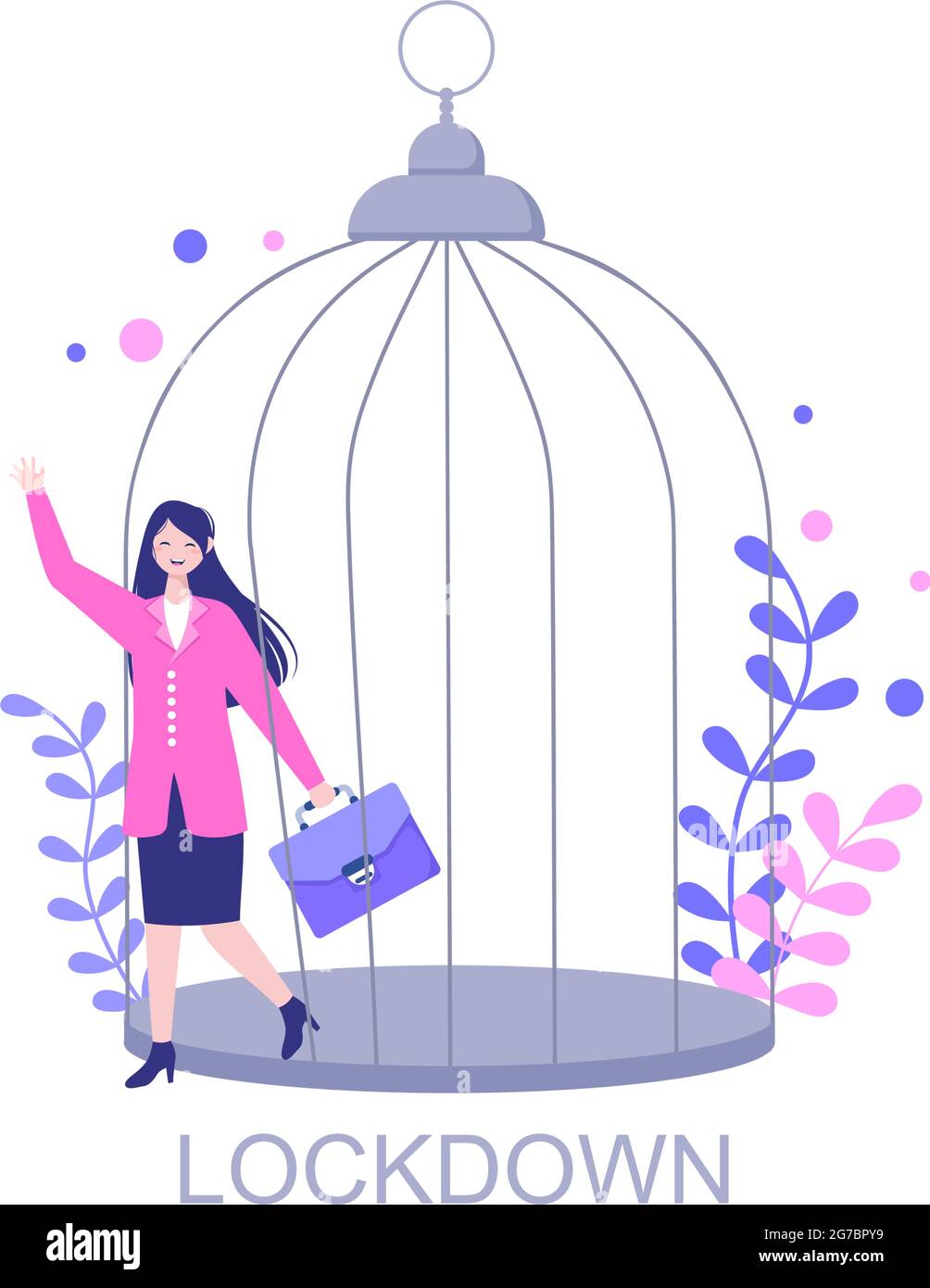 Lockdown zum Stoppen des COVID-19 Coronavirus mit Cage oder Virus Barrier Tape über der Stadt im Normalbetrieb. Abbildung Der Landing Page Im Hintergrund Stock Vektor