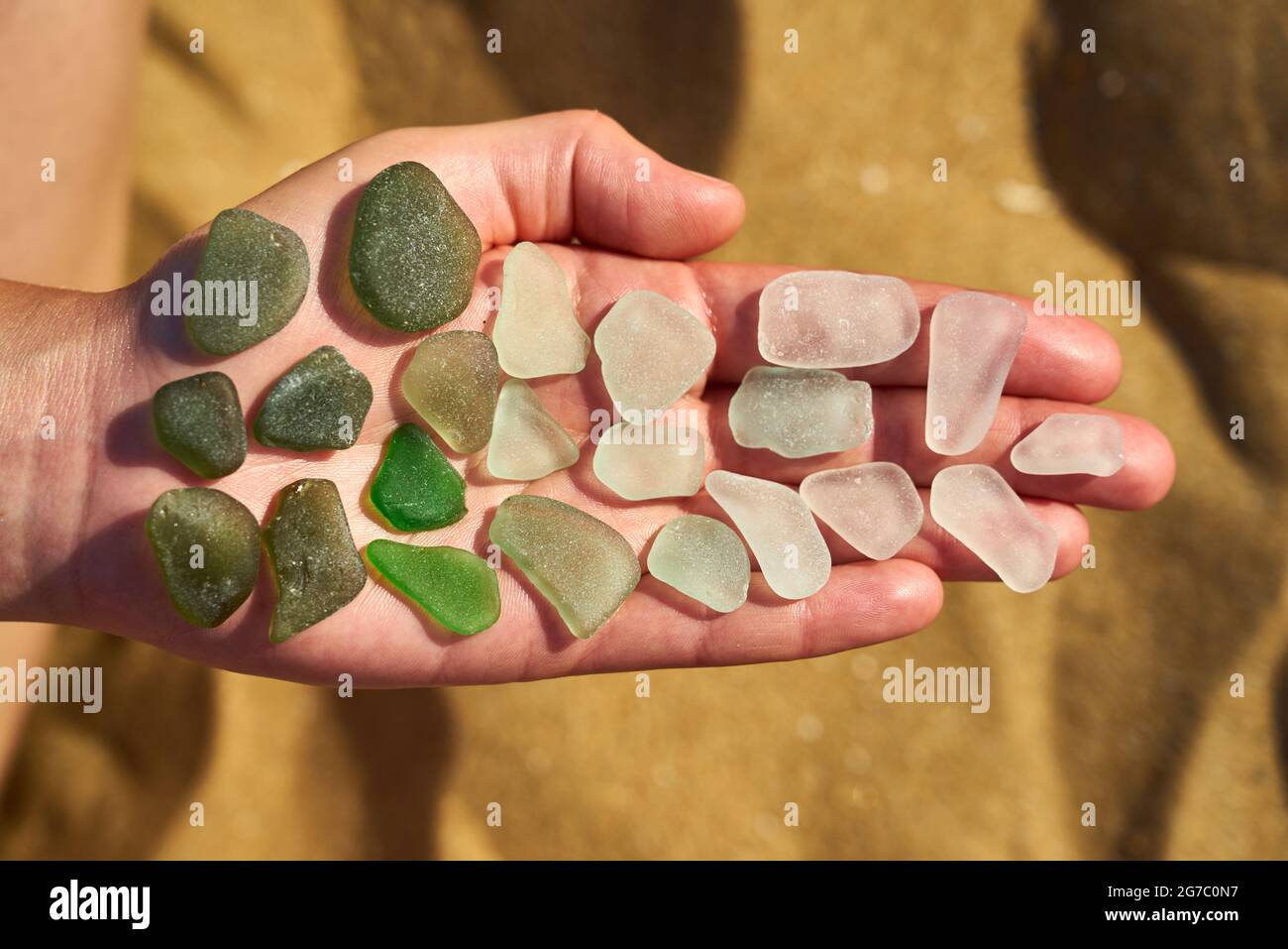 Auf offener Hand werden Stücke aus Meeresglas mit Farben von grün bis weiß ausgelegt Stockfoto