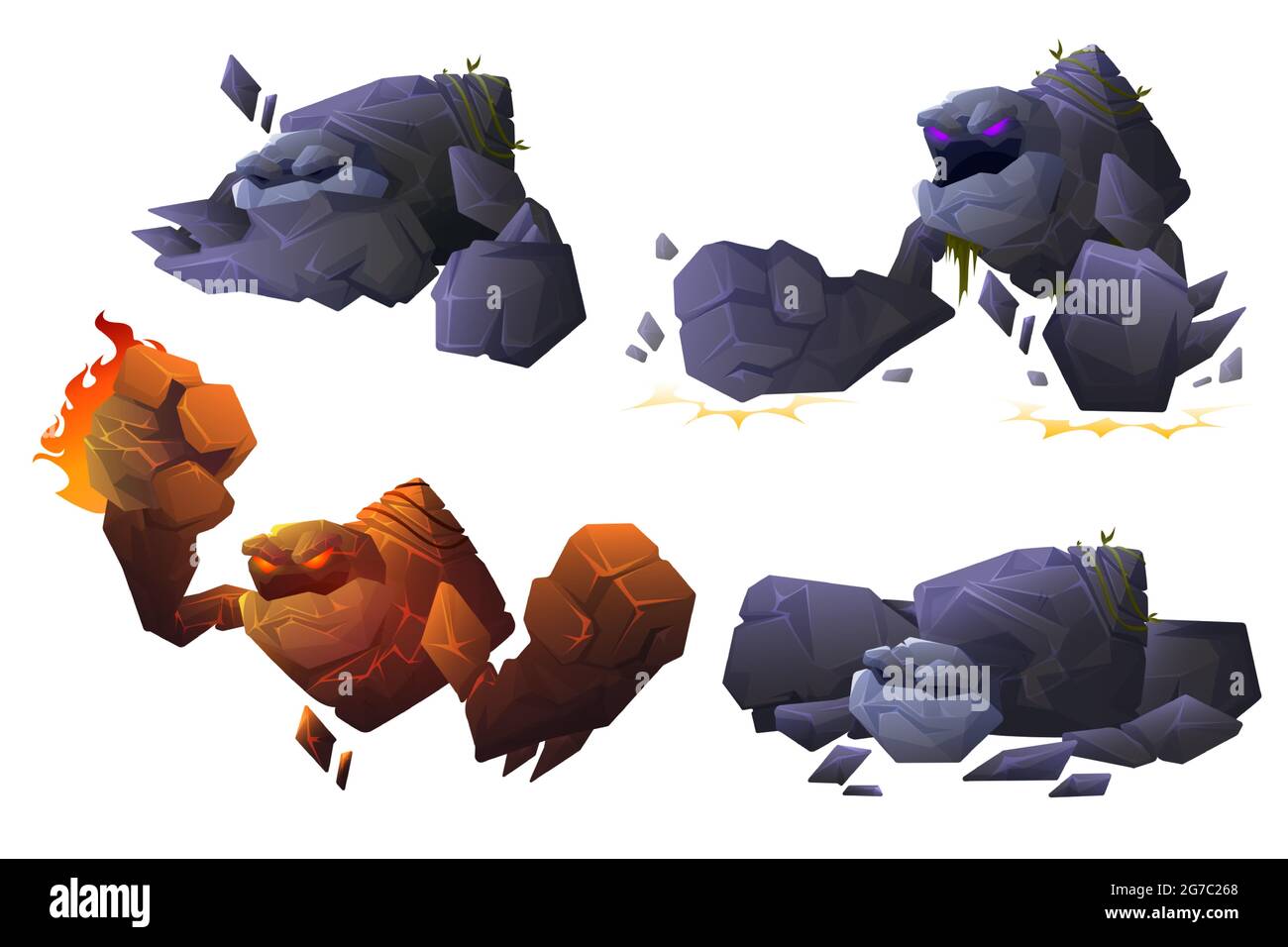 Stein- und Lava-Golem-Charaktere in verschiedenen Posen isoliert auf weißem Hintergrund. Vektor-Cartoon-Set von großen Riesen wütend und schläft. Fantasy-Monster aus grauem Rock mit großen Fäusten Stock Vektor