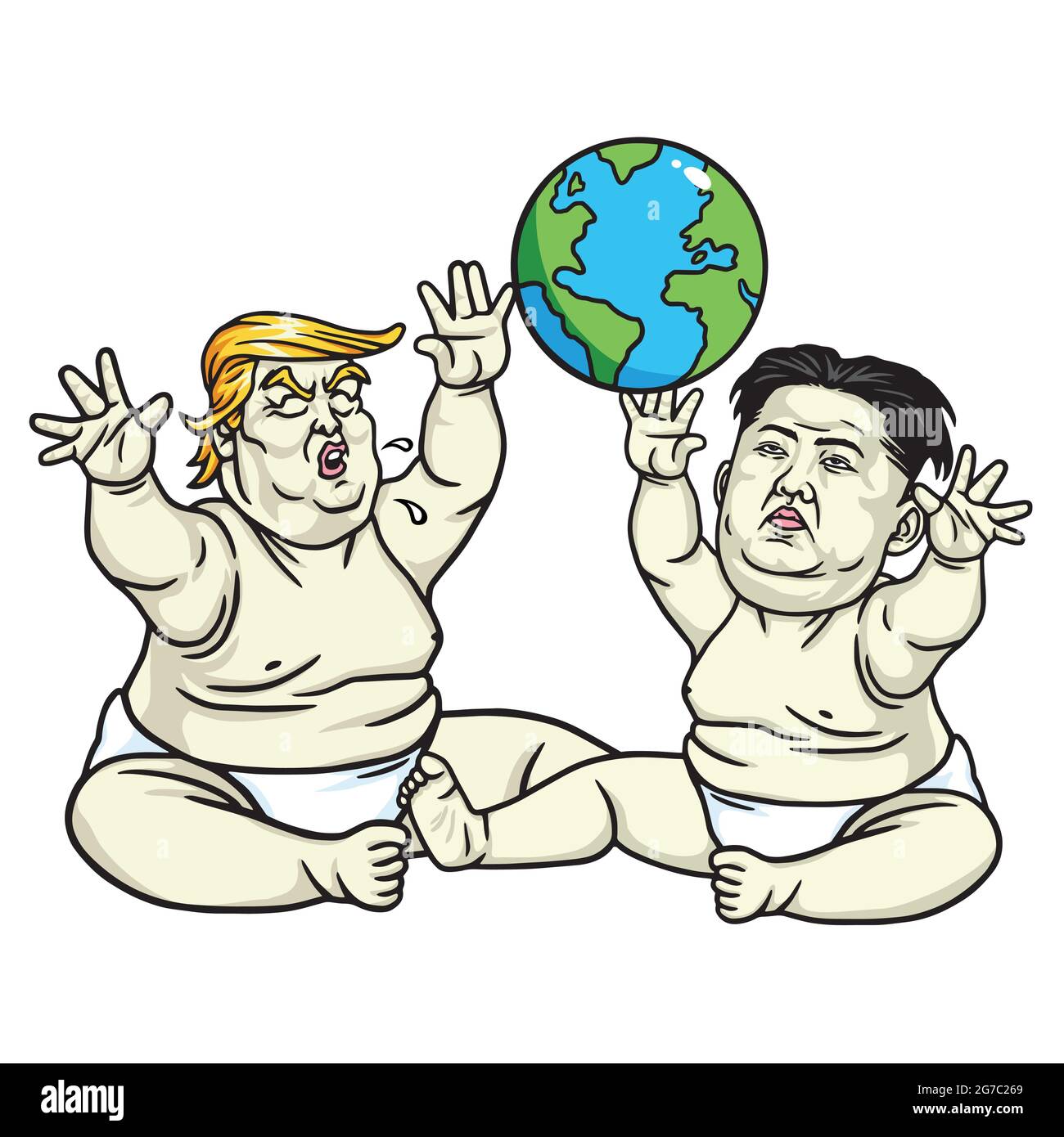 Baby Trump und Kim Jong-un spielen den Globus. Cartoon-Illustration Stock Vektor