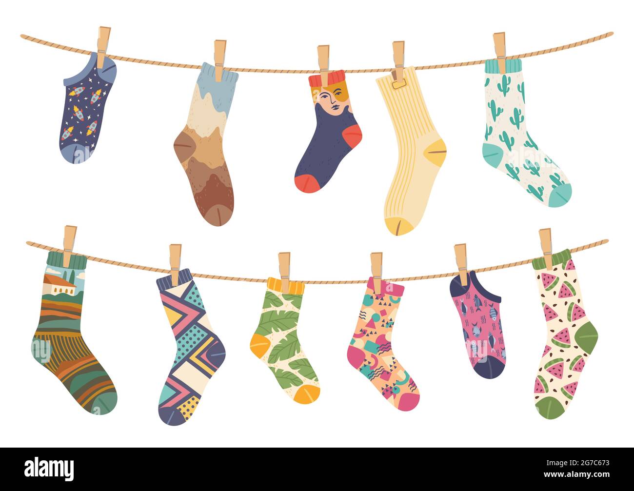 Socken am Seil. Baumwollsocke mit niedlichem Muster zum Aufhängen und Trocknen an Wäscheseilen. Verschiedene lustige Socken mit Wäscheklammern Vektor-Illustration. Verschiedene Trenddesigns für Mann und Frau Stock Vektor