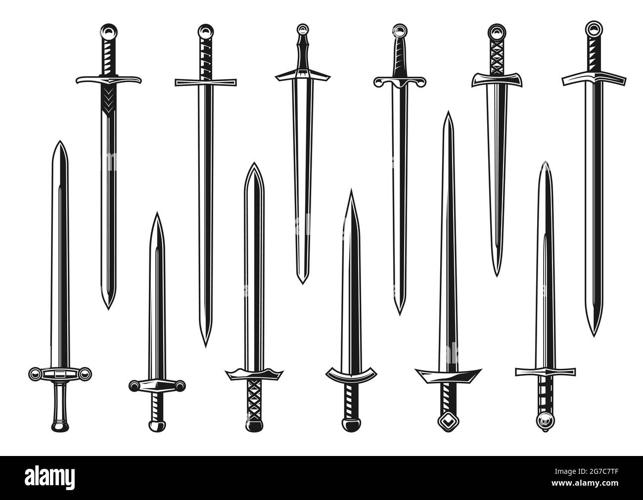 Europäischer Ritter gerade Schwerter Vektor-Design mit Waffe der  mittelalterlichen Armee Krieger. Isolierter Dolch, Messer oder Breitschwert  mit zweischneidigen Klingen, hil Stock-Vektorgrafik - Alamy
