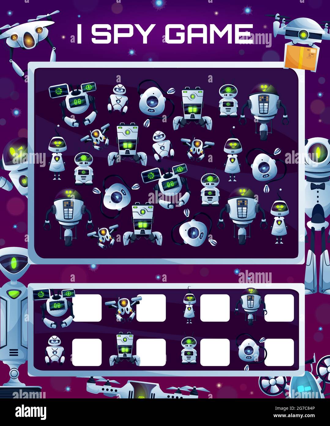 Kinder Bildung Spiel mit Robotern, Vektor I Spion Rätsel mit Cyborgs, wie viele Androiden und Drohnen testen. Entwicklung von Rechenkenntnissen und Aufmerksamkeit, ca. Stock Vektor