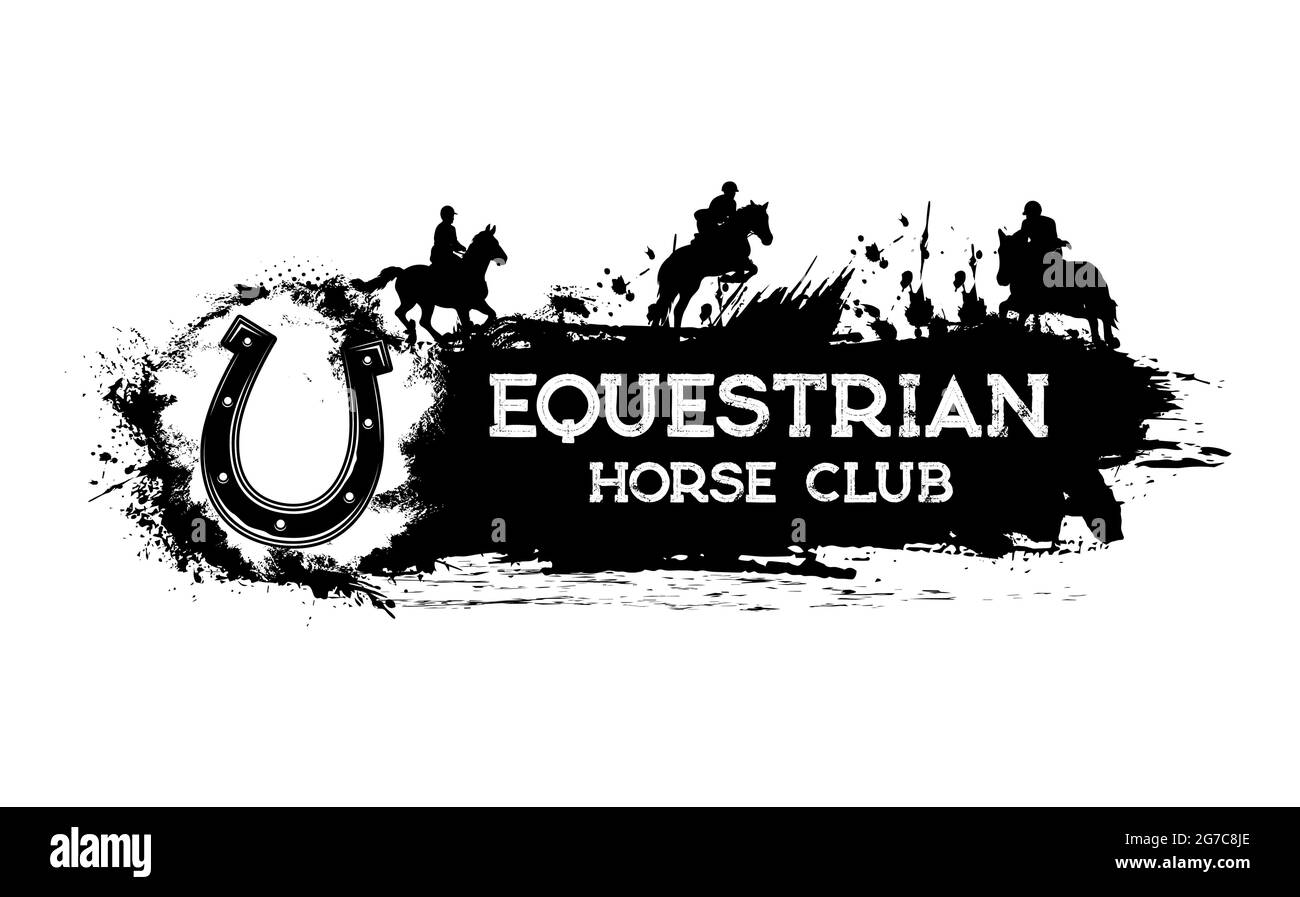Grunge-Banner des Pferdesportvereins. Reiten und Rennen, Springen. Monochromer Vektor Hufeisen, Jockey oder Polospieler reiten Pferd, springen o Stock Vektor